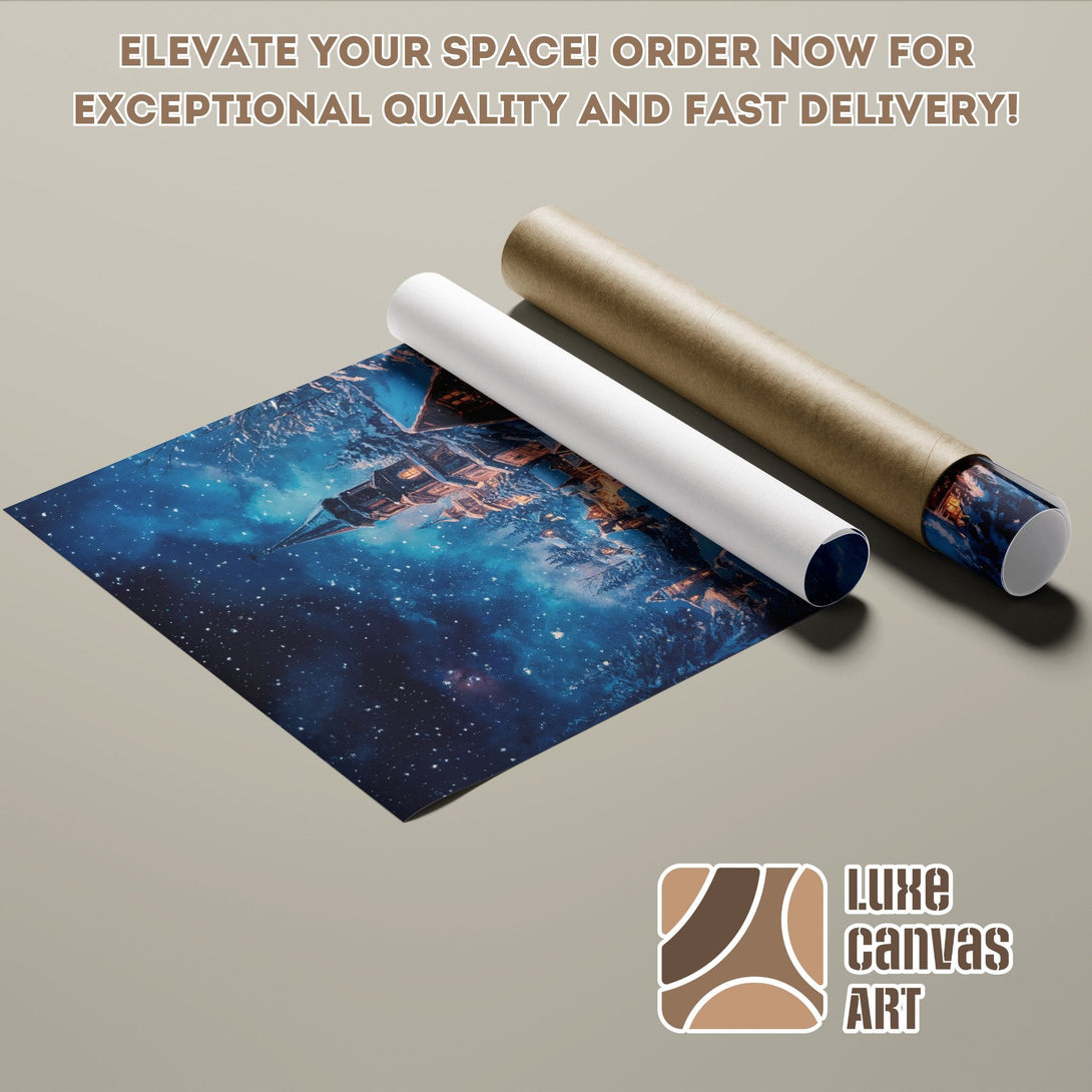 Poster Roll featuring a fantasy castle in a dark blue and gold color palette, perfect wall art.