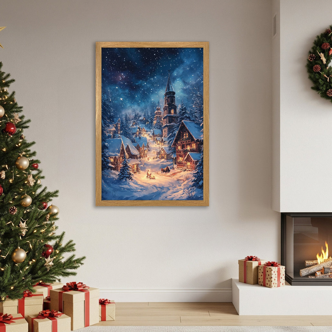 Framed Poster featuring a winter village scene with a blue and gold color palette. Perfect Christmas decor!