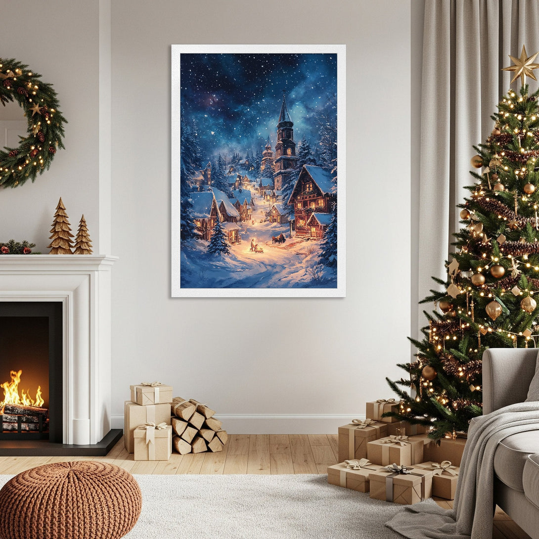 Framed Poster of a snowy village scene, painted in a cozy, illustrative style with a blue and white color palette. Perfect for holiday decor!