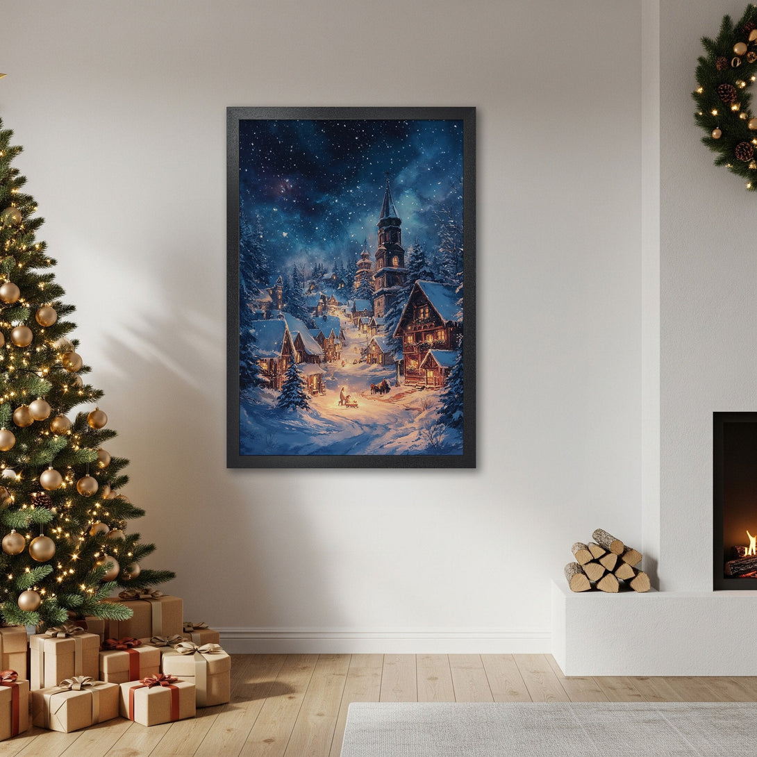 Framed Poster of a snowy village scene, artistic style with blue and warm tones. Perfect Christmas decor!