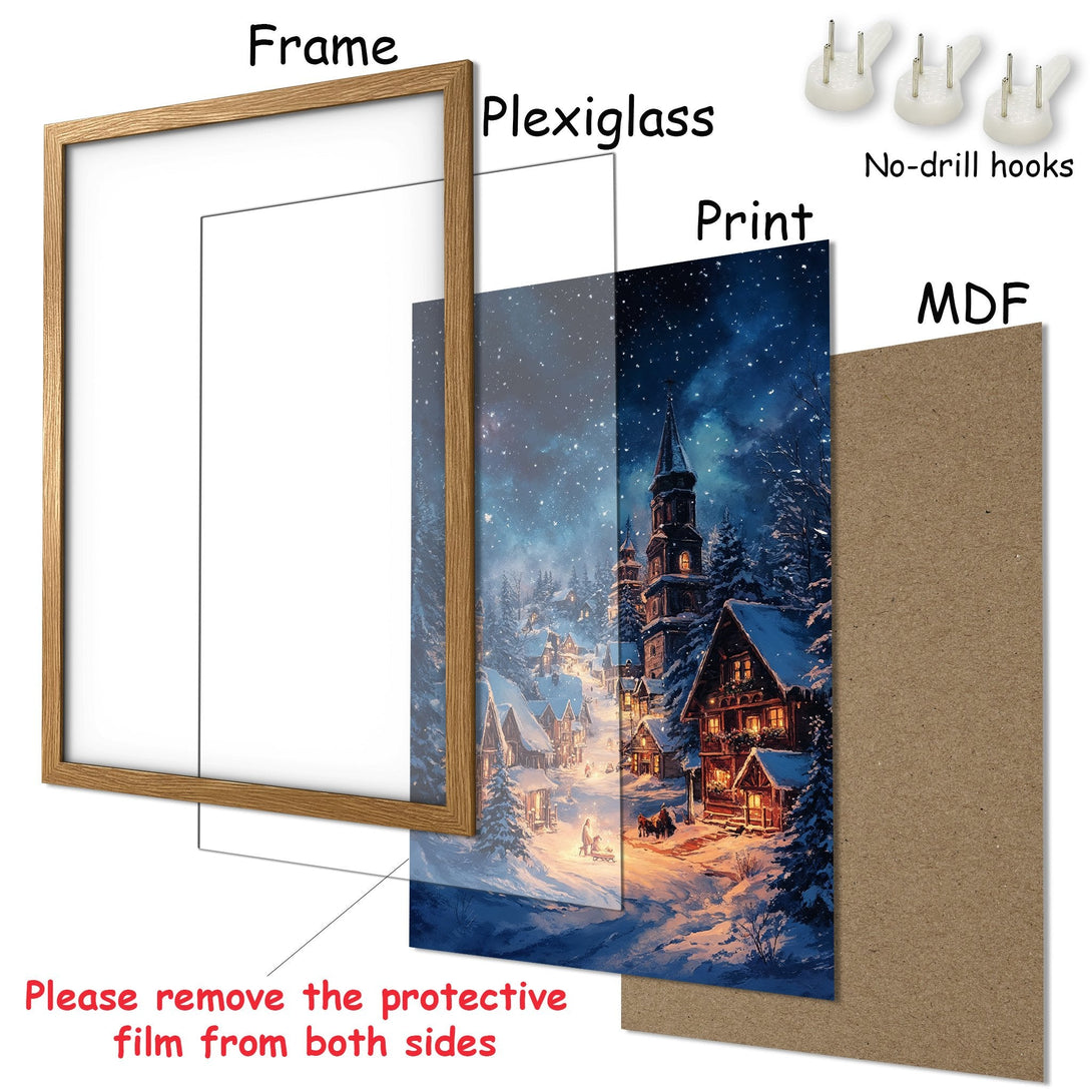 Framed Poster featuring a winter village scene with a blue and warm color palette. Perfect wall art for your home!