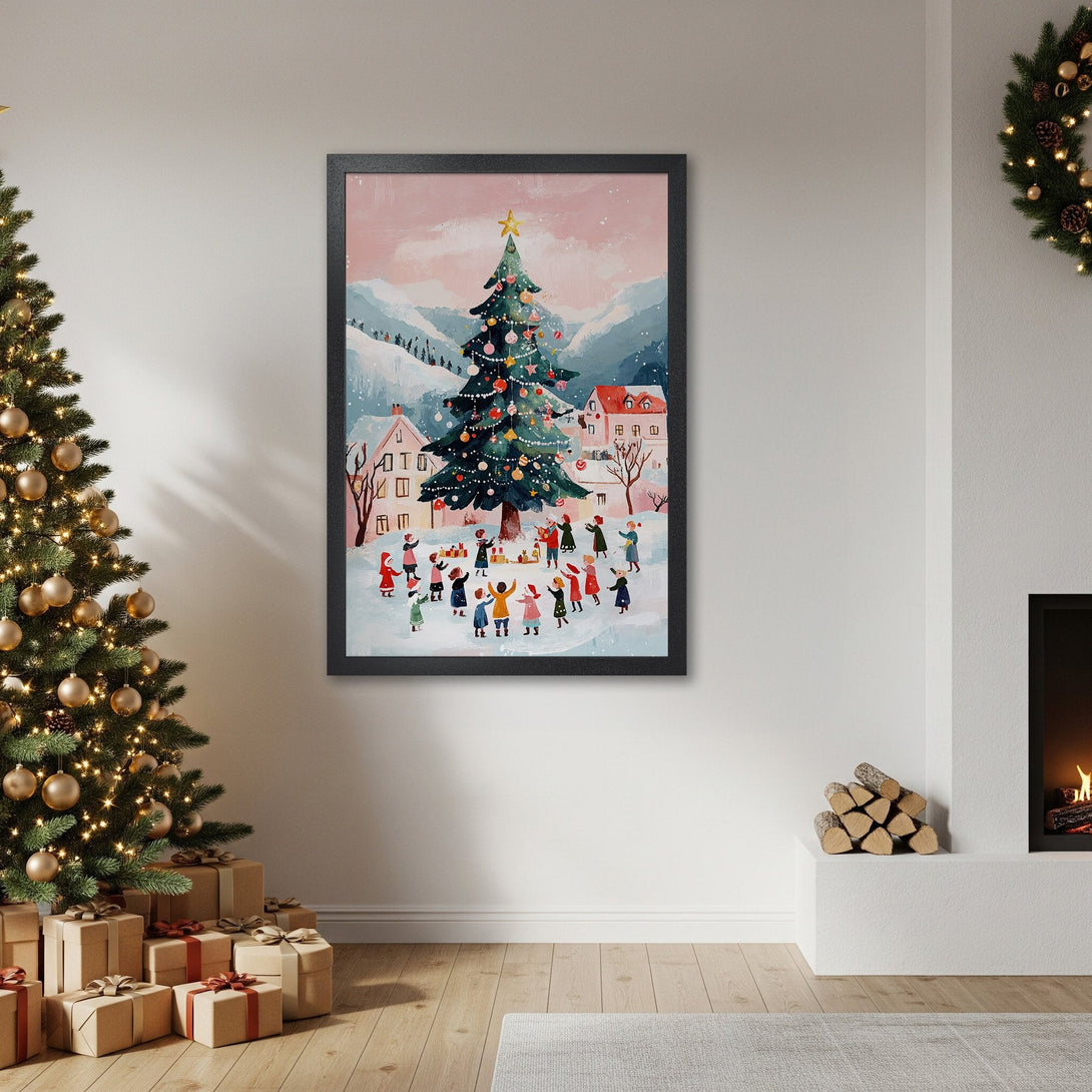 Framed Poster featuring a whimsical Christmas scene with a colorful palette. Perfect holiday decor!