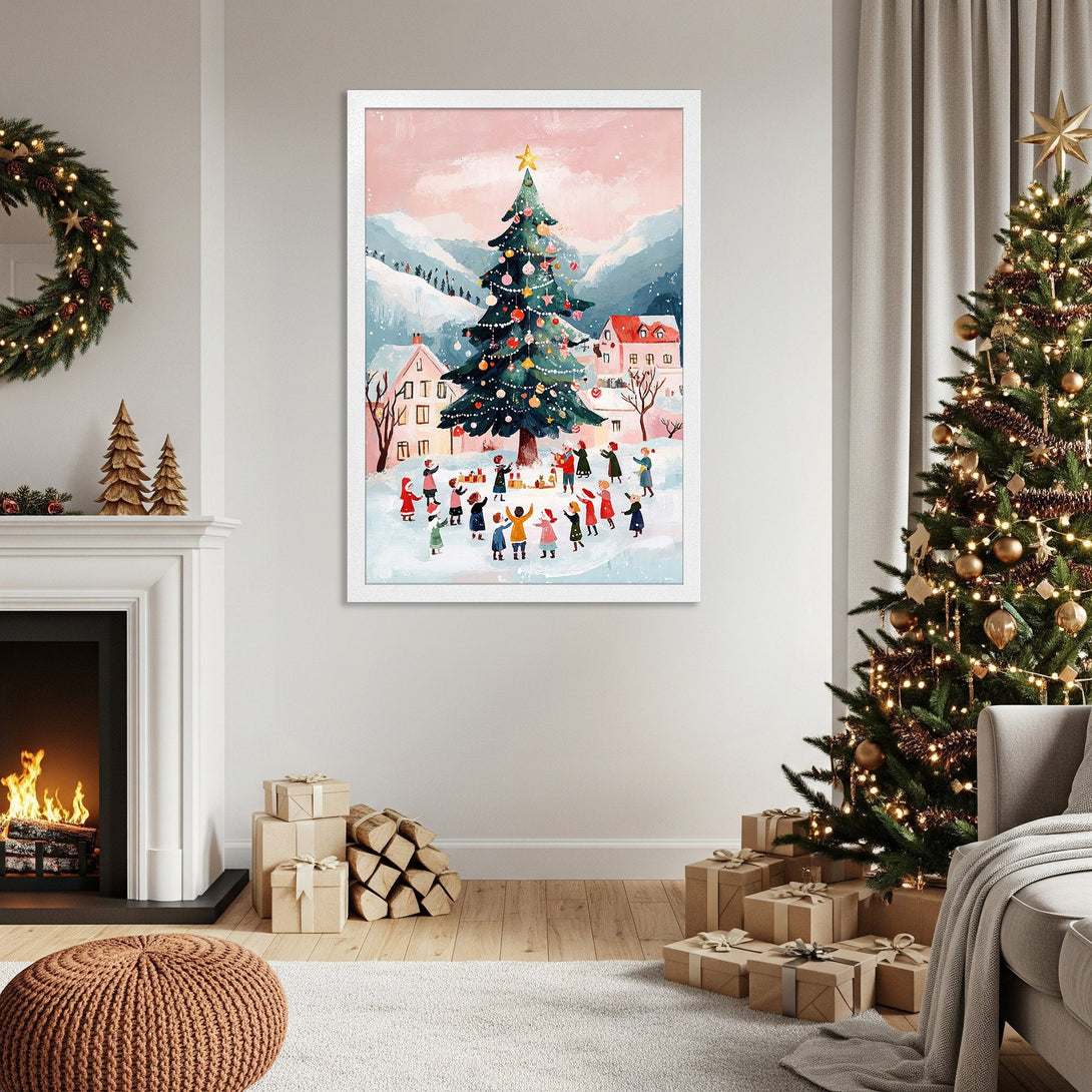 Framed Poster featuring a festive Christmas scene in a whimsical style with a pink and blue color palette. Perfect holiday decor!