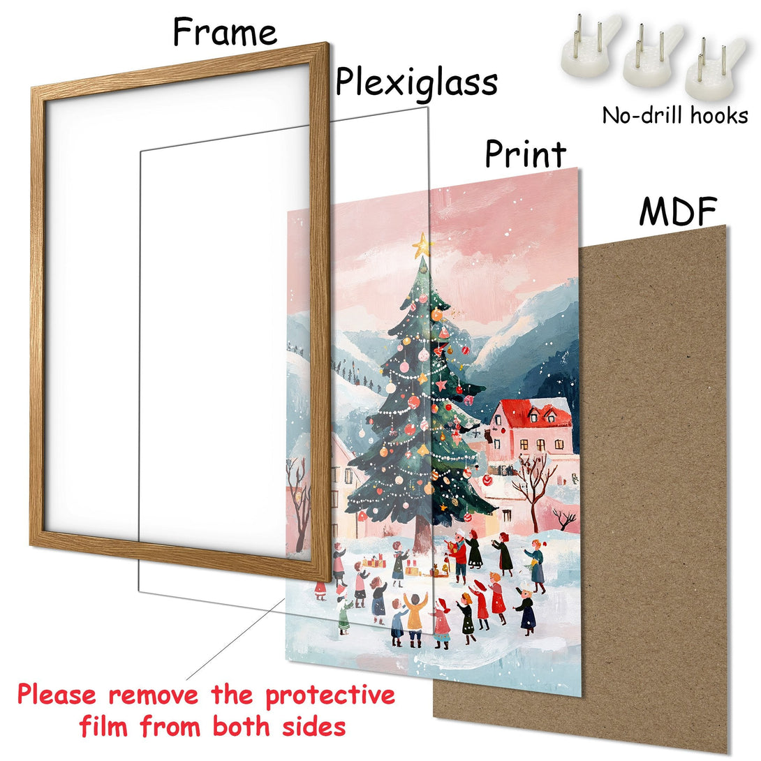 Framed Poster of a winter village scene with a Christmas tree, in a soft color palette. Perfect holiday decor!