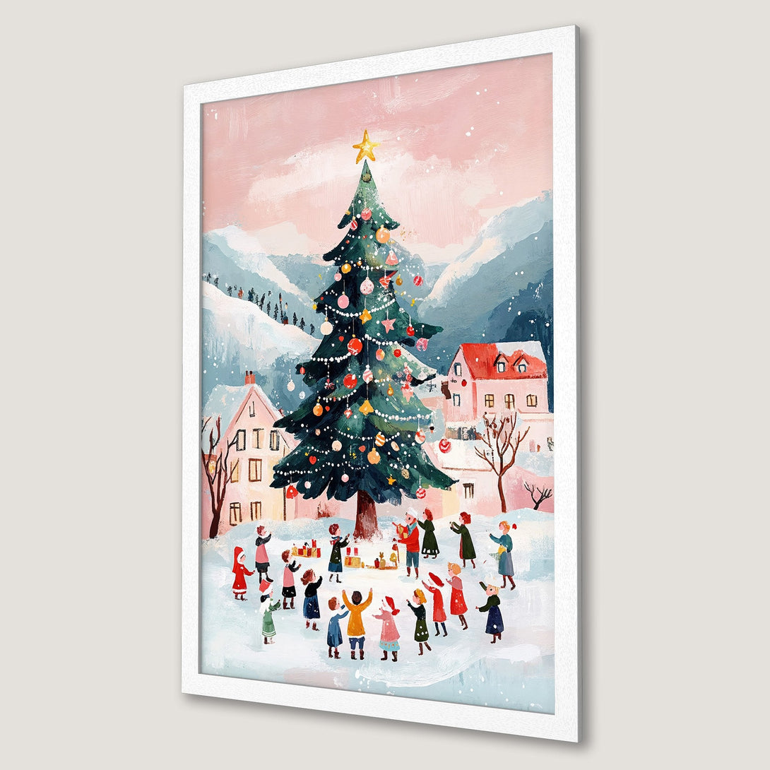 Framed Poster: Festive Christmas scene with people, tree, and houses. Whimsical style, pink and blue color palette. Perfect holiday decor.