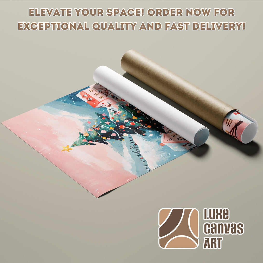 Poster Roll featuring a watercolor Christmas tree in a pastel color palette. Order yours today!
