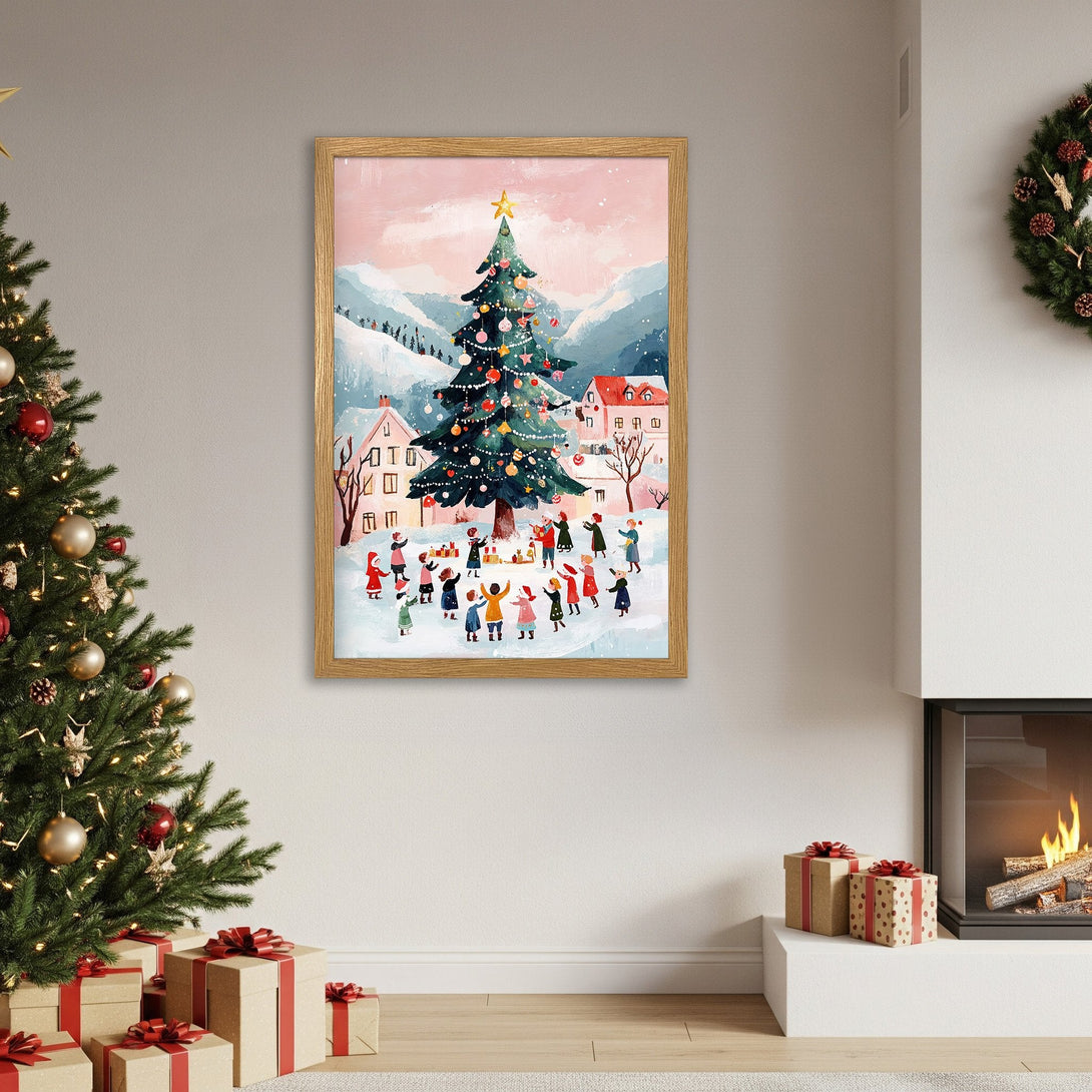 Framed Poster of a festive Christmas scene, whimsical style with a pink, blue, and green color palette. Perfect holiday decor!