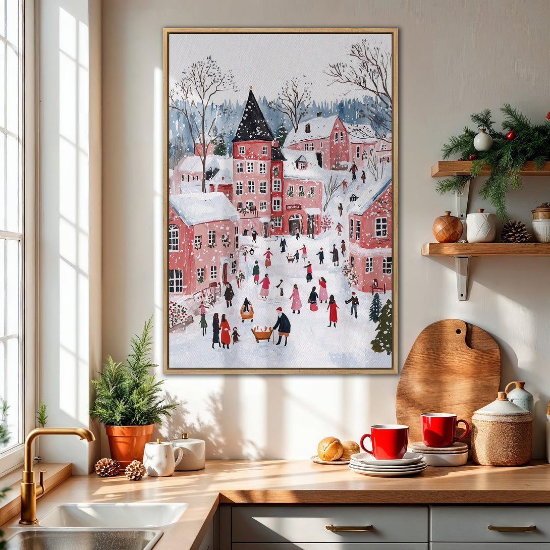 Framed Wall Art: Winter village scene in a watercolor style. Features red buildings, snowy landscape, and people. Warm, inviting color palette perfect for the holidays.