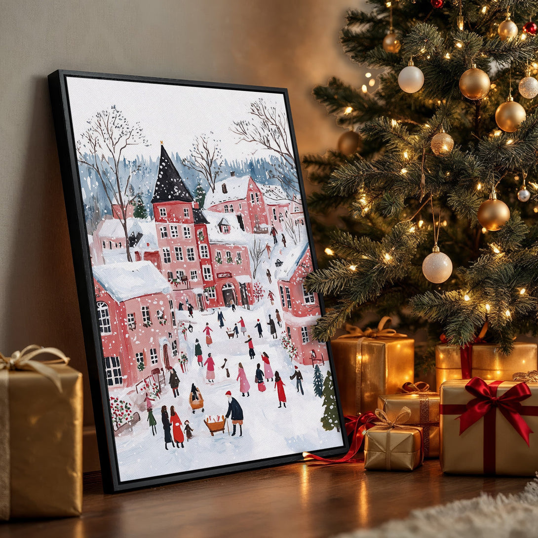 Framed Wall Art: Watercolor winter village scene in red and blue hues. Perfect Christmas decor, adds a cozy, festive touch to any space.
