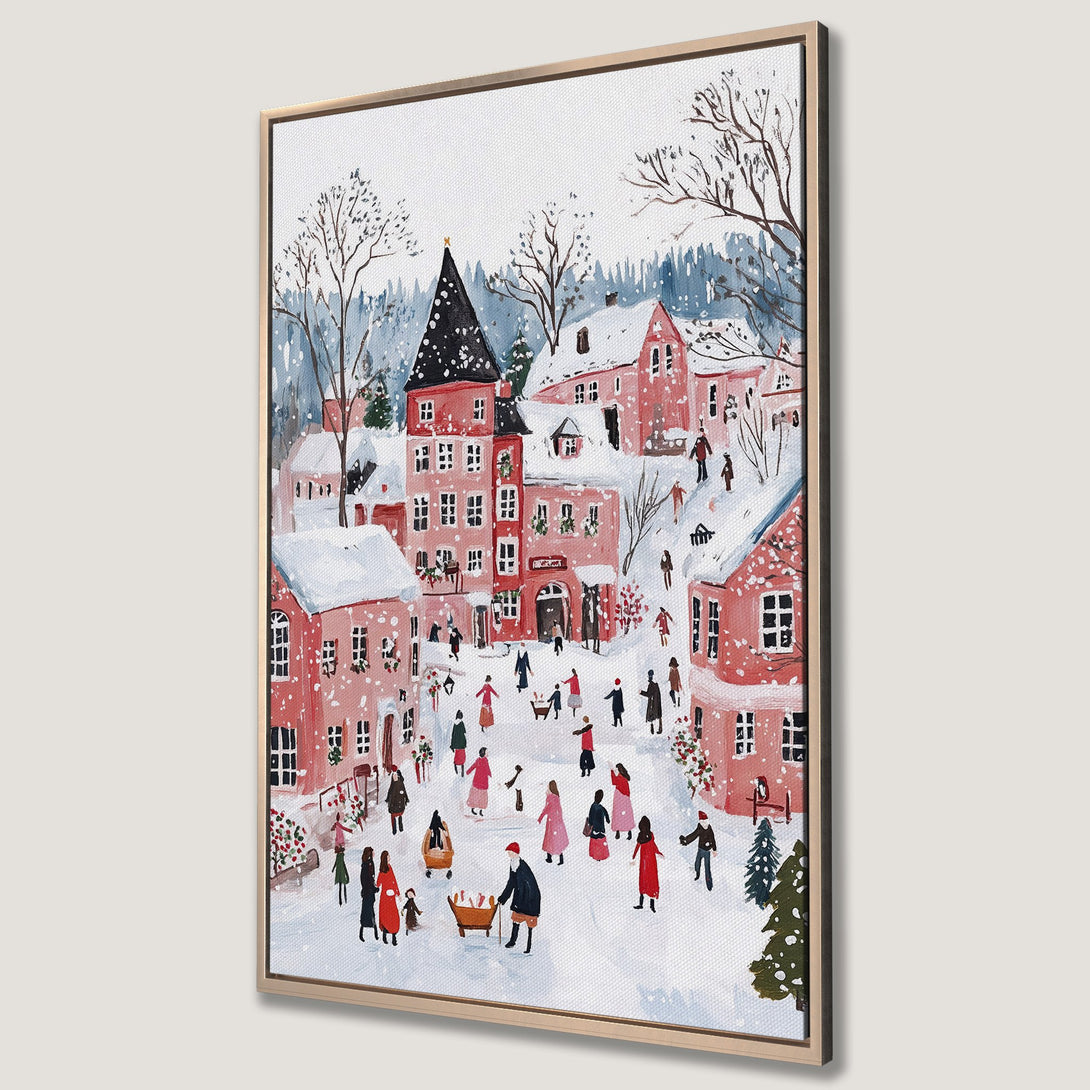 Framed Wall Art of a winter village scene in watercolor style. Features a soft red and blue color palette. Perfect holiday decor for your home.