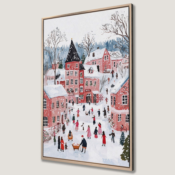 Framed Wall Art of a winter village scene in watercolor style. Features a soft red and blue color palette. Perfect holiday decor for your home.