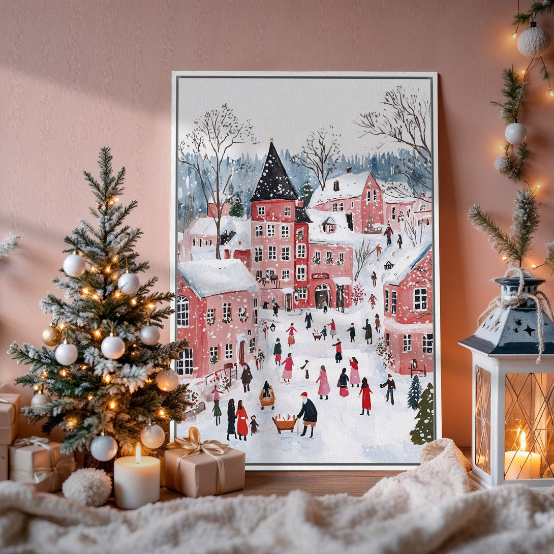 Framed Wall Art: Watercolor winter village scene in red and blue hues. Perfect for holiday decor! Add warmth with this beautiful Canvas Print.