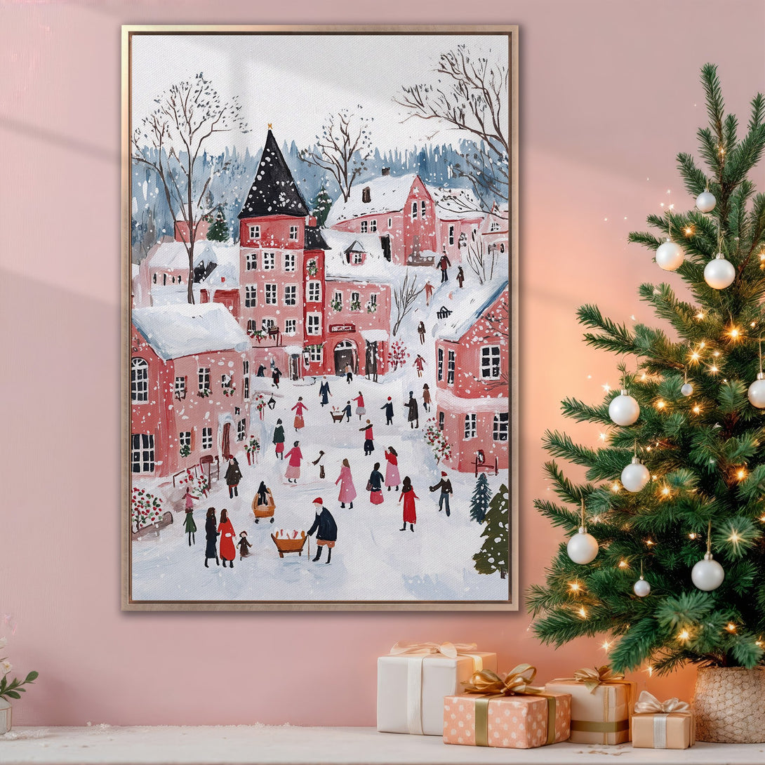 Framed Wall Art: Charming winter village scene canvas print in watercolor style, featuring red buildings, snowy landscape, and a festive color palette. Perfect Christmas decor!