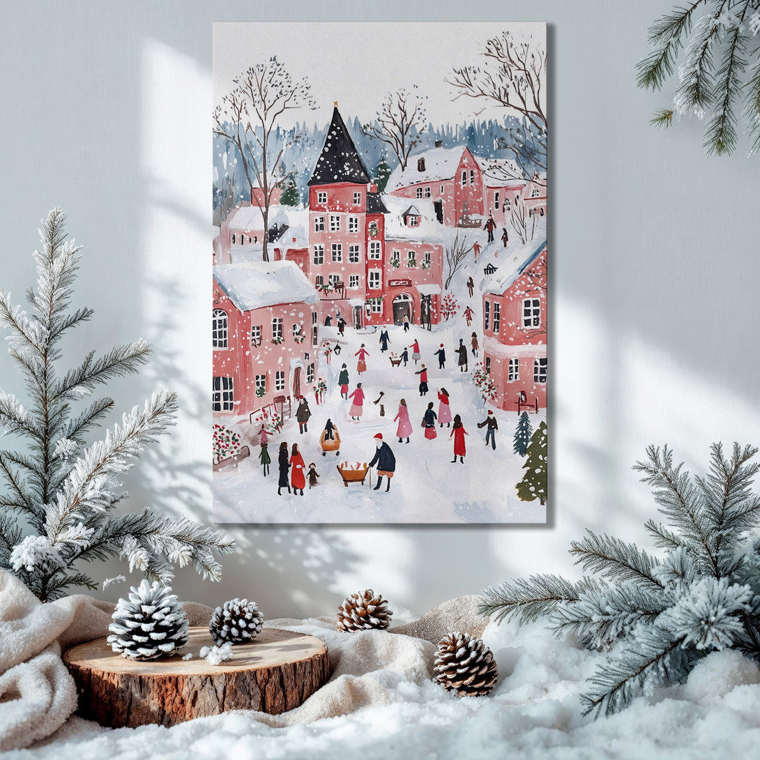 Framed Wall Art: Watercolor winter village scene in pinks & blues. Festive holiday decor, perfect for Christmas. Add warmth & charm to your home.