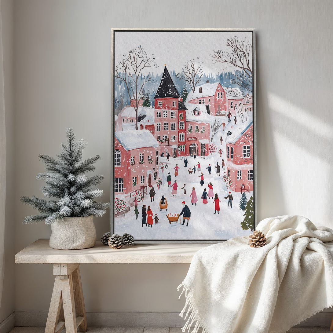 Framed Wall Art: Watercolor winter village scene in pink and blue hues. Charming art print adds a cozy touch to any interior. Perfect holiday decor.