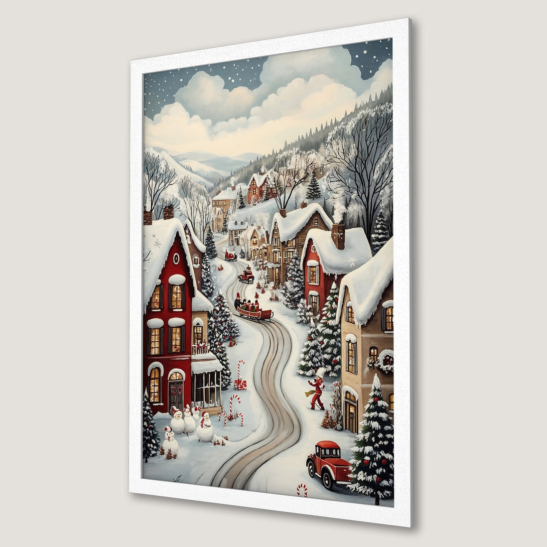 Framed Poster of a charming winter village scene. Warm, inviting colors and a whimsical style create a cozy holiday vibe. Perfect Christmas decor!