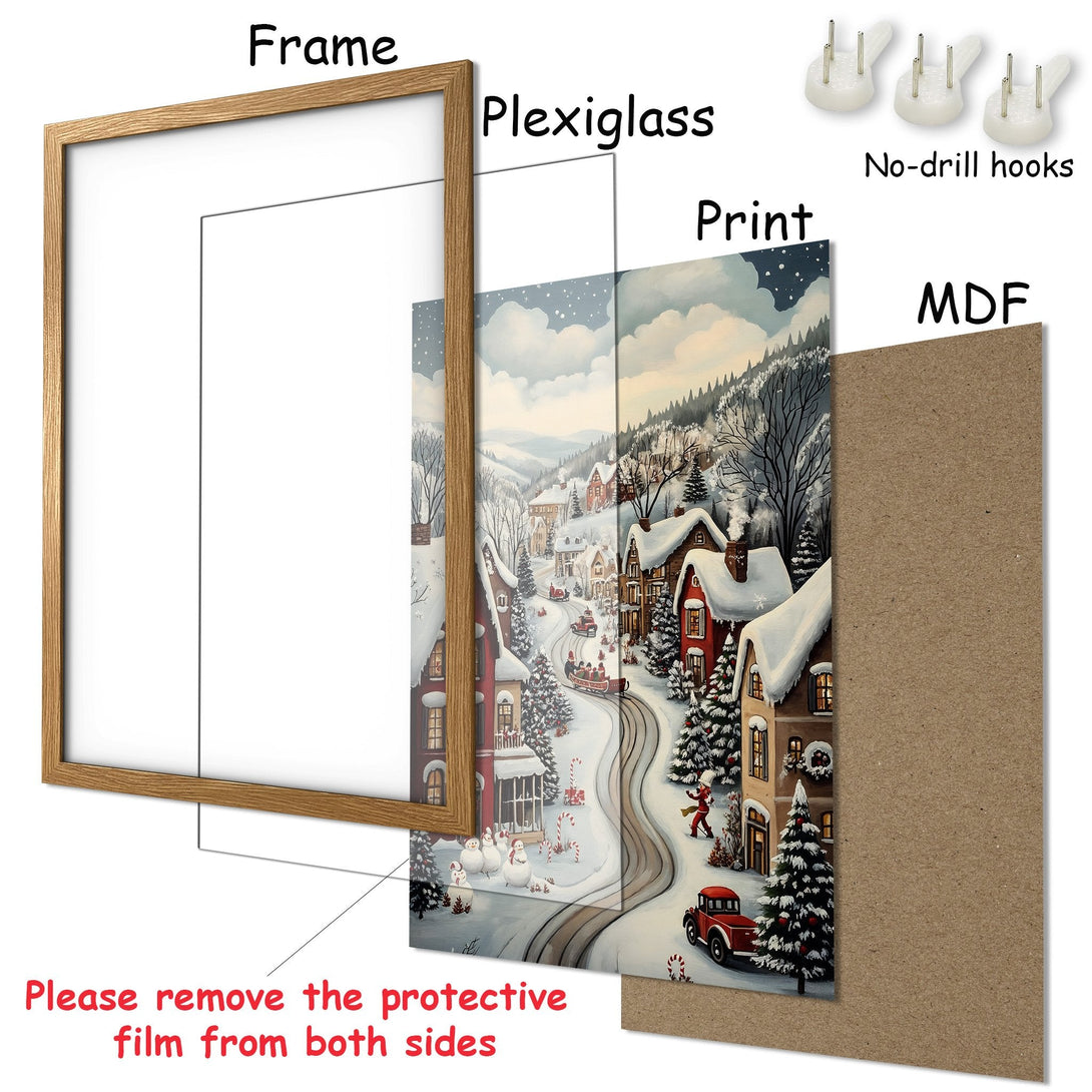 Framed Poster featuring a winter village scene. Charming illustration style with a cool, muted color palette. Perfect wall art for the holidays!