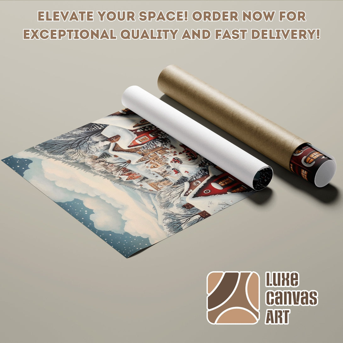 Winter village scene Poster Roll, cozy style, soft blue & red palette. Order now!