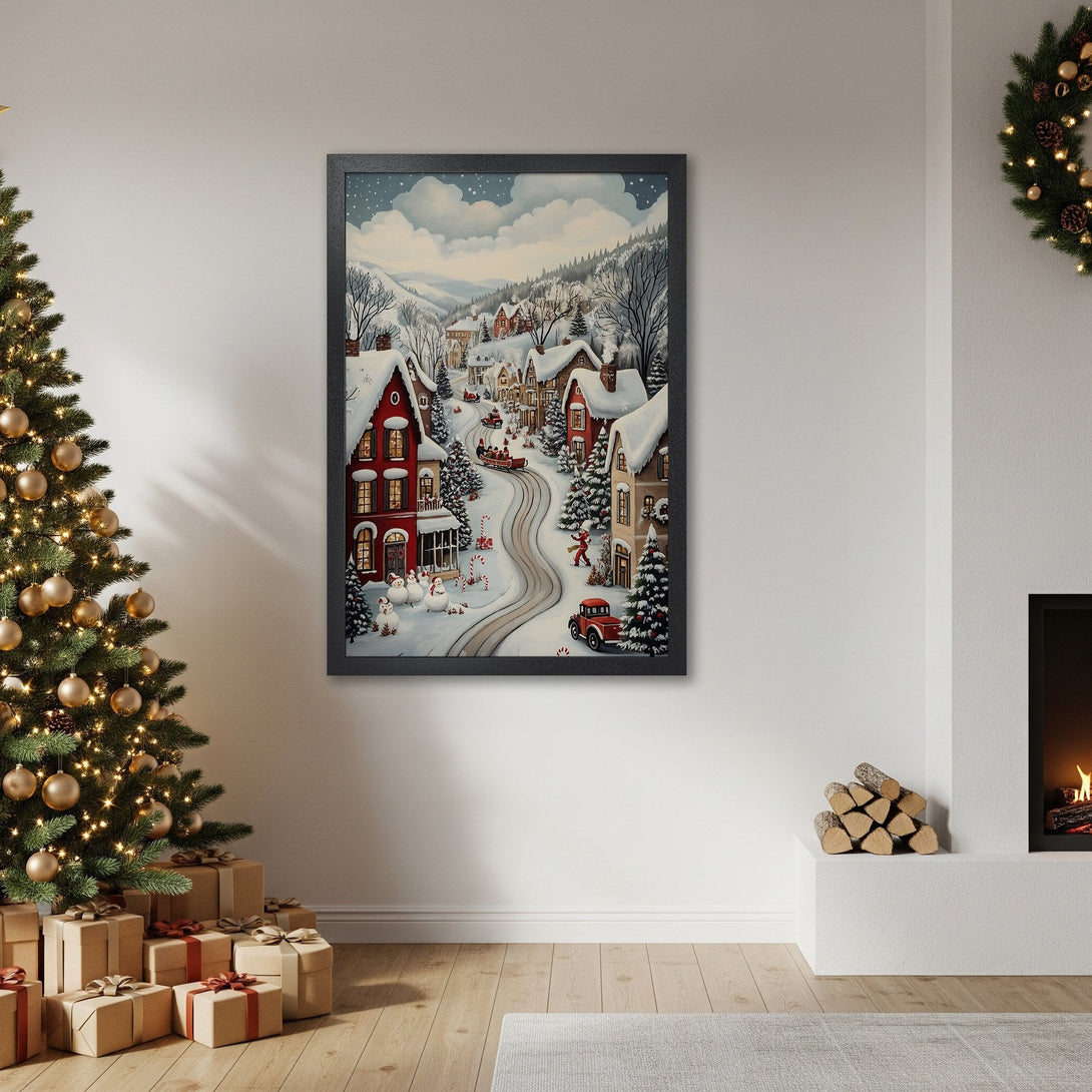 Framed Poster featuring a charming winter village scene in a warm, inviting color palette. Perfect Christmas decor!