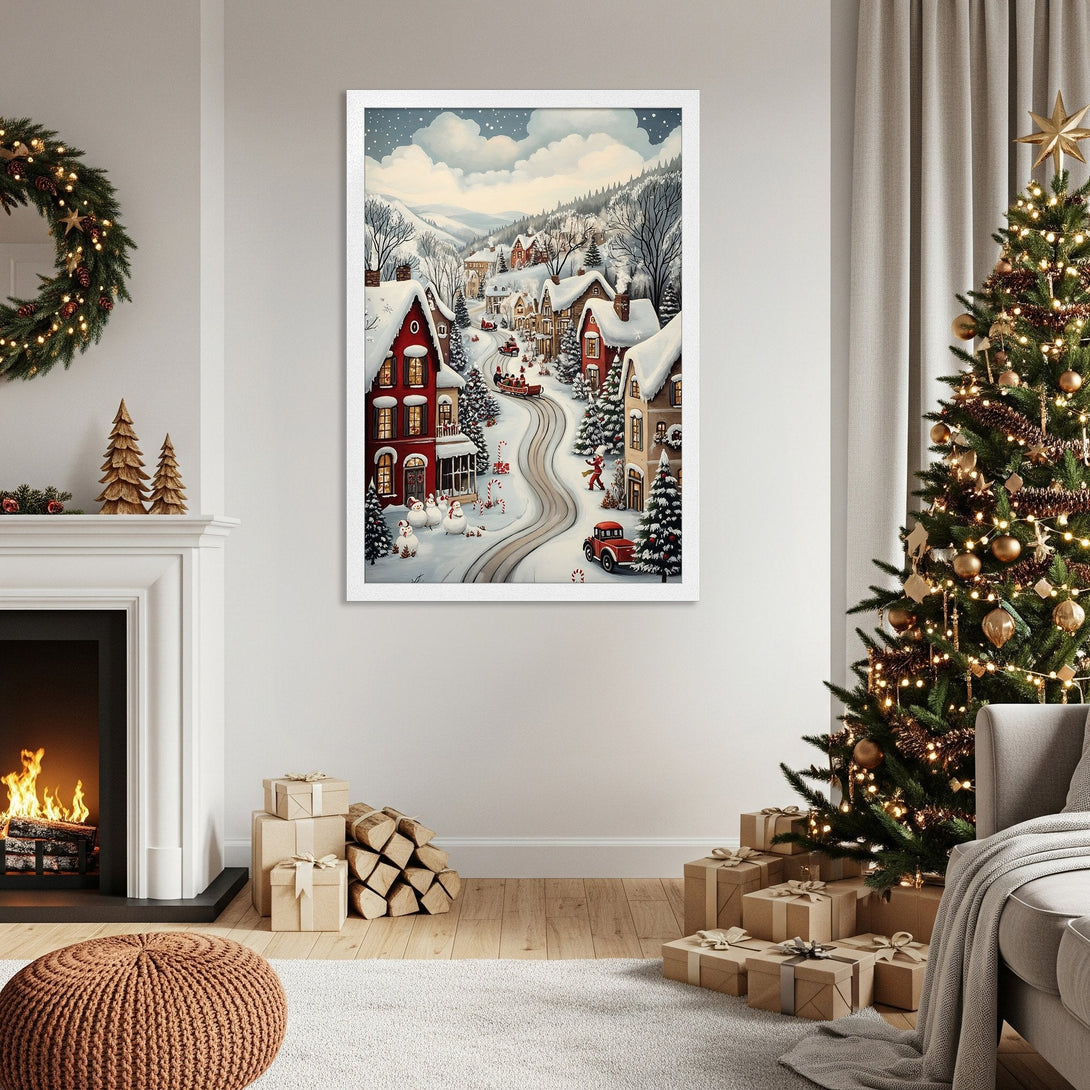 Framed Poster featuring a charming winter village scene in a whimsical style with a warm red, white, and blue color palette. Perfect for holiday decor!