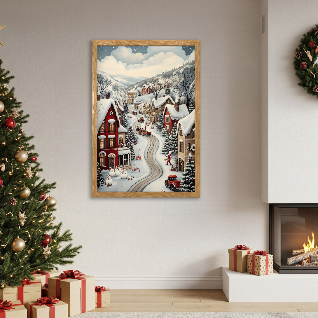 Framed Poster of a charming winter village scene, perfect holiday decor. Features a cozy, whimsical style with a warm color palette.