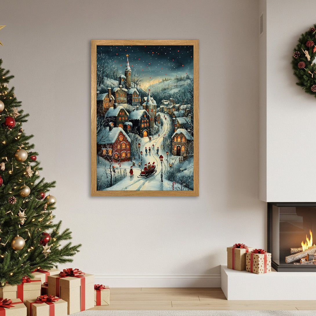 Framed Poster of a snowy village scene, warm colors, perfect for holiday decor. Add cozy charm to your home!