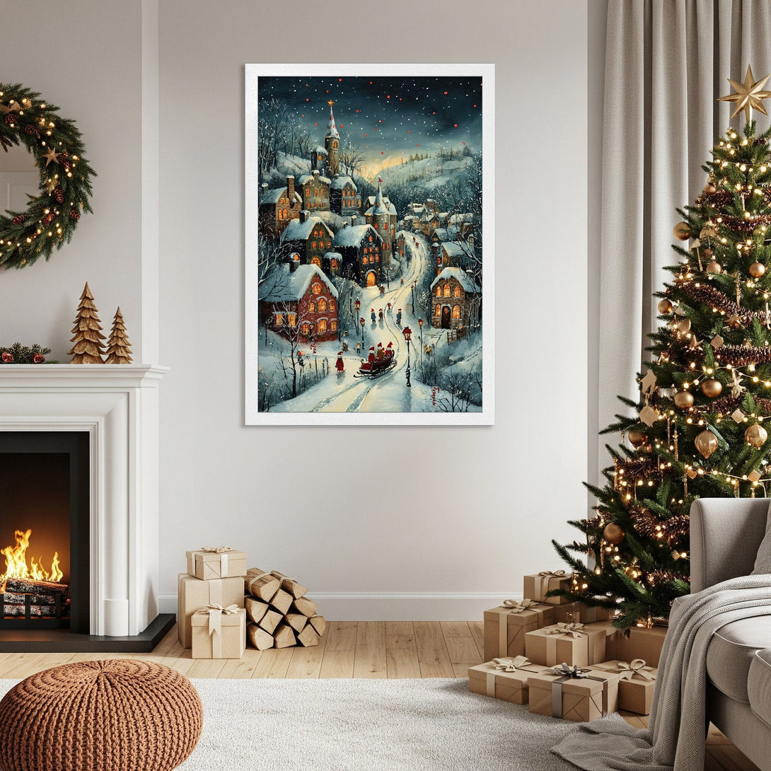 Framed Poster featuring a winter village scene, painted in a cozy, whimsical style with a cool blue and warm orange color palette. Perfect Christmas decor!