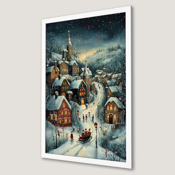 Framed Poster of a charming winter village scene. Cozy, painterly style with a blue, white, and red color palette. Perfect holiday decor!
