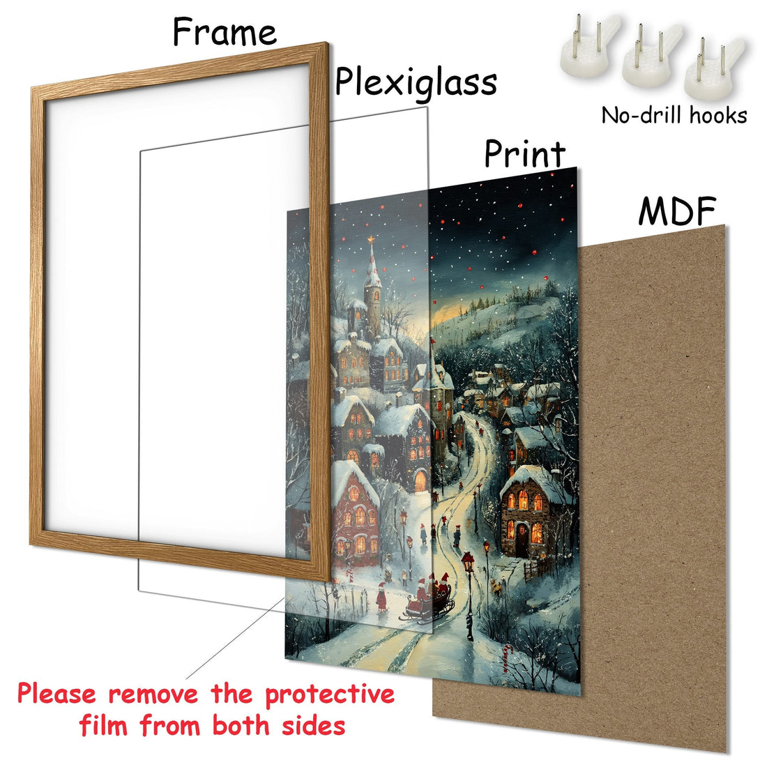 Framed Poster featuring a winter village scene in a cozy, illustrative style with a cool, muted color palette. Perfect holiday decor!