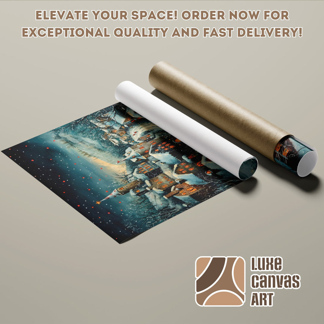 Poster Roll featuring a winter village scene in blue and orange tones. Elevate your space!