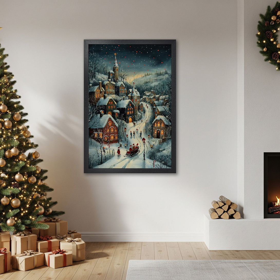 Framed Poster featuring a winter village scene in a warm, inviting style with a blue, white, and red color palette. Perfect holiday decor!
