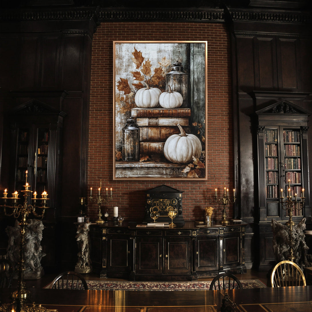 Framed Wall Art featuring pumpkins and fall leaves in a rustic style, with warm brown and neutral tones, perfect for autumn decor.