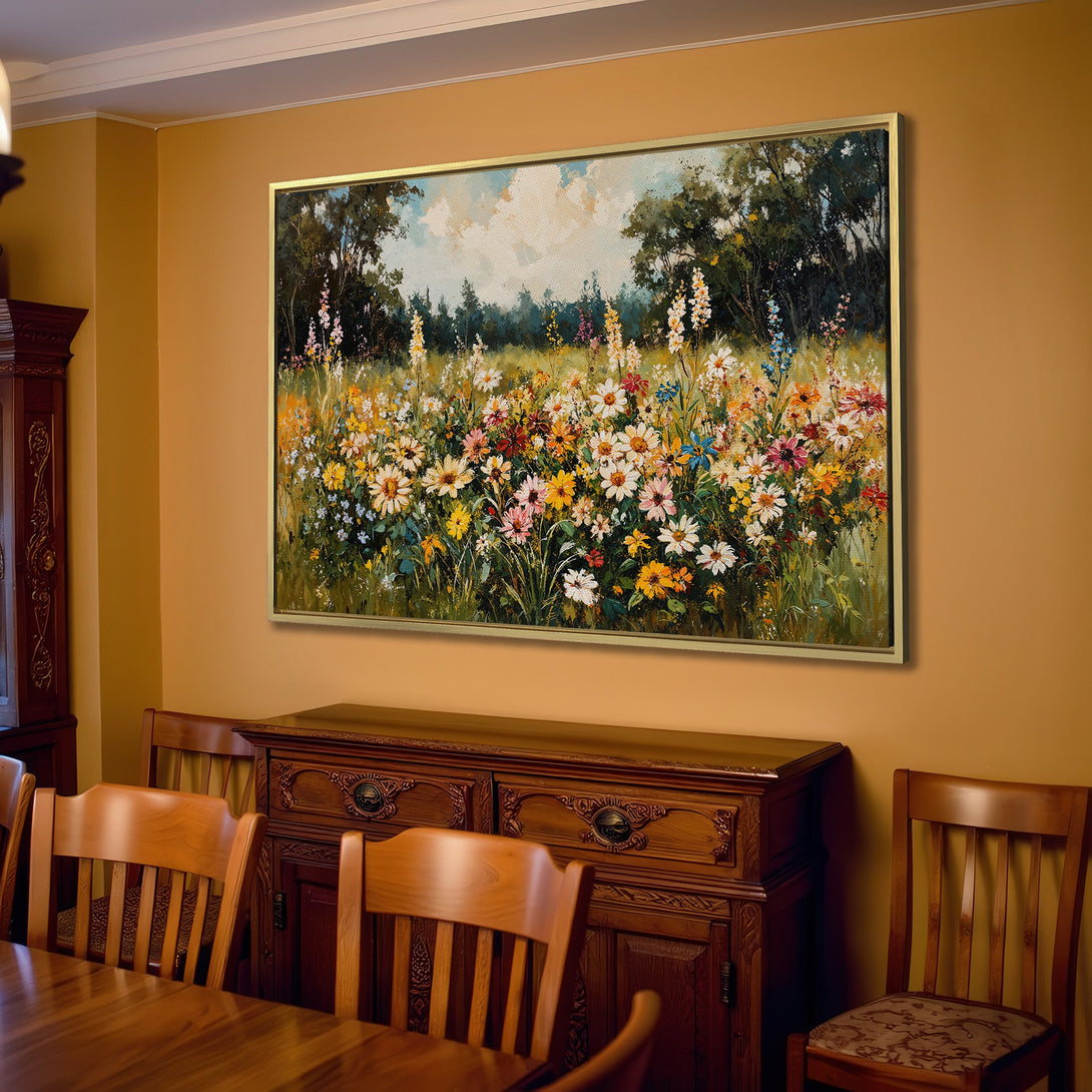 Canvas Print of a vibrant wildflower field painting, displayed in a warm, inviting living room. Featuring a colorful palette of yellows, pinks, and greens.