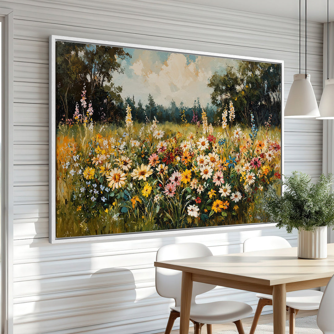 Framed Wall Art: Impressionist floral landscape canvas print in a dining room. Vibrant colors of yellow, pink, and green. Perfect for adding a touch of nature.