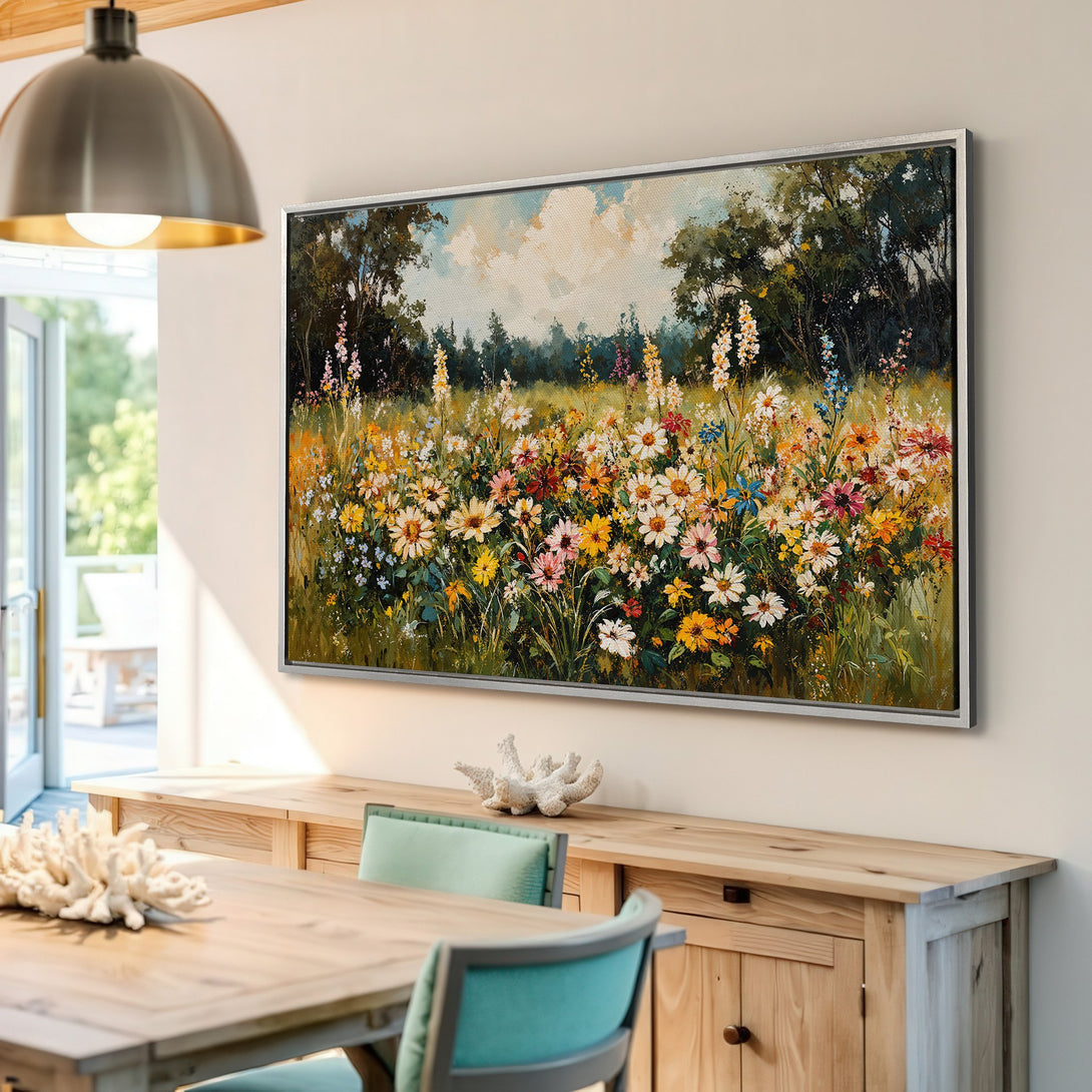Framed Wall Art: Impressionist floral canvas print. Colorful wildflowers in a field with a warm, inviting palette. Perfect for living room decor.