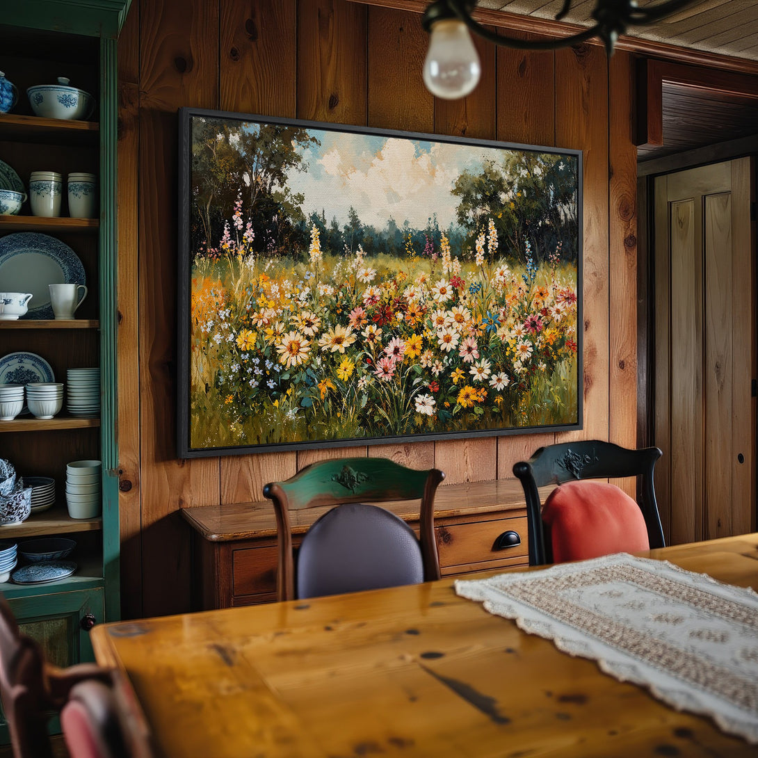 Framed Wall Art: Impressionistic wildflower field painting with vibrant colors. Perfect for adding a touch of nature's beauty to your home decor.