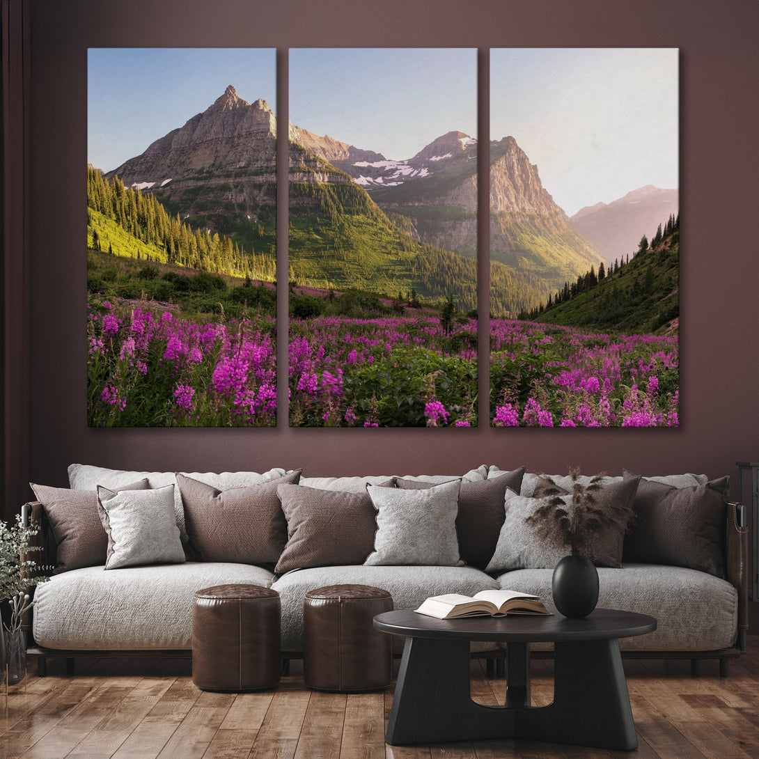 Canvas Print of a majestic mountain landscape with vibrant purple wildflowers, in a warm, natural color palette.