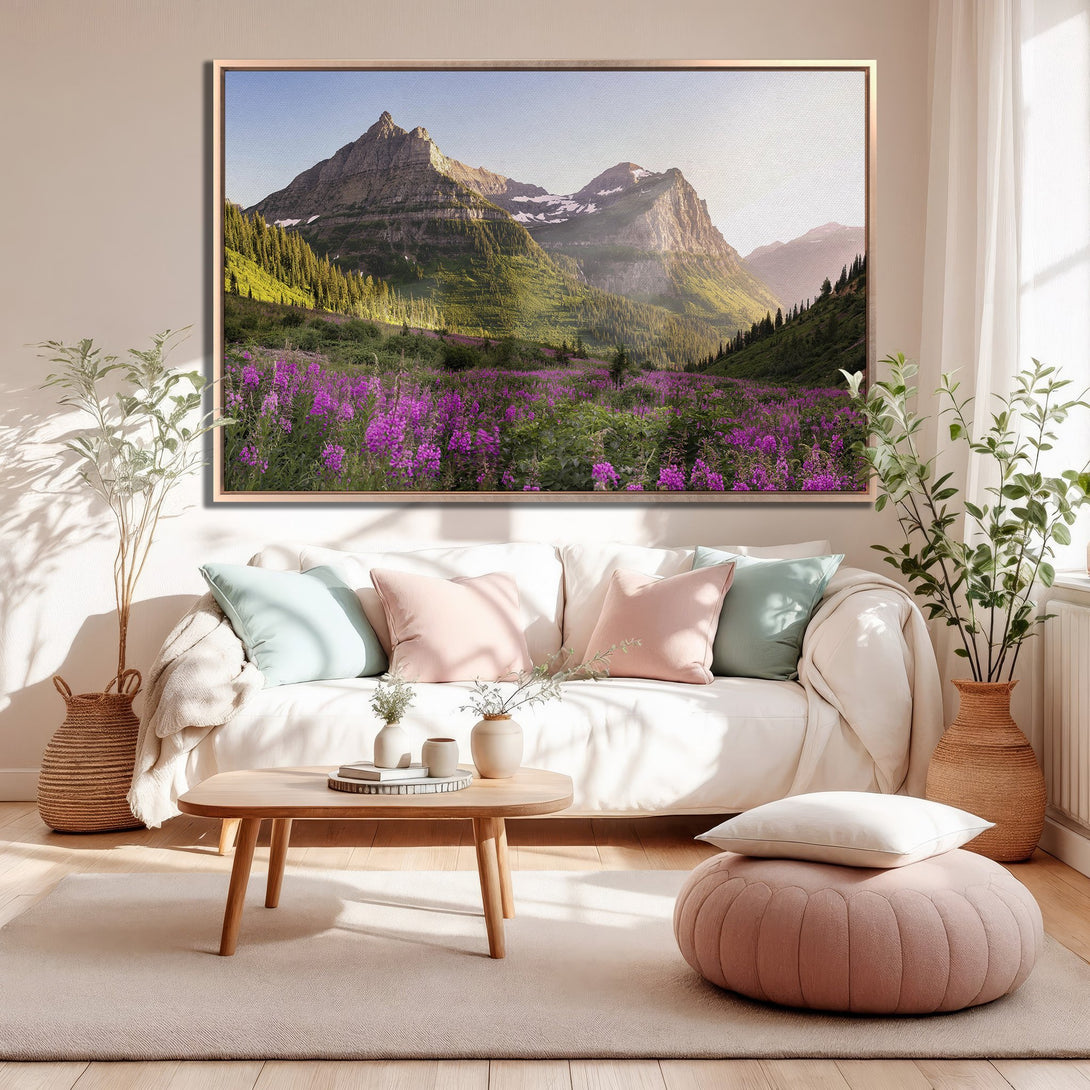 Framed Wall Art of a mountain landscape with purple wildflowers. Warm, natural tones and a serene, inviting style for your home decor.