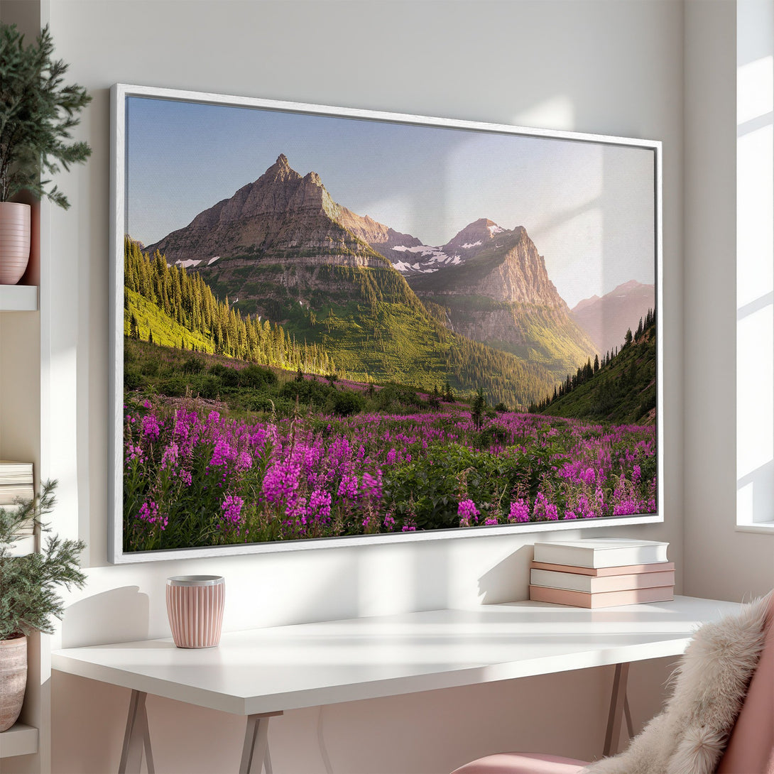 Framed Wall Art: Majestic mountain landscape Canvas Print in a modern interior, featuring vibrant green, purple, and blue hues. Perfect wall decor!