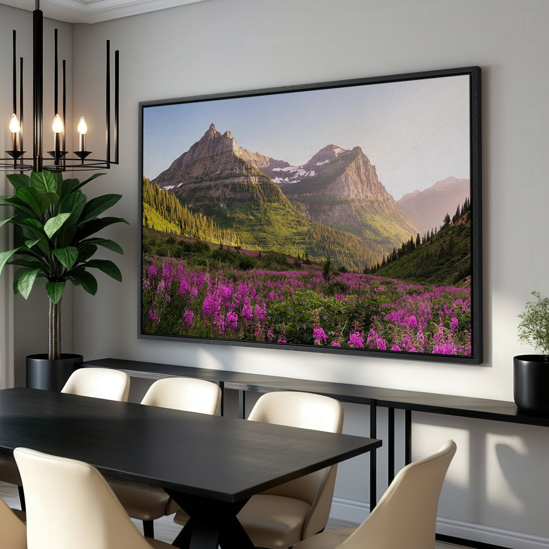 Framed Wall Art: Mountain landscape Canvas Print with vibrant purple wildflowers. Earthy tones of green, brown, and pink create a serene nature scene.