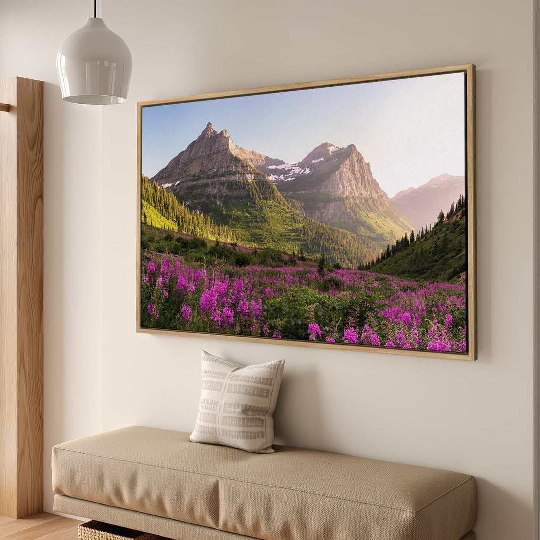 Framed Wall Art featuring a stunning mountain landscape with vibrant purple wildflowers. Nature-inspired art in green, pink, and blue tones. Perfect for home decor.