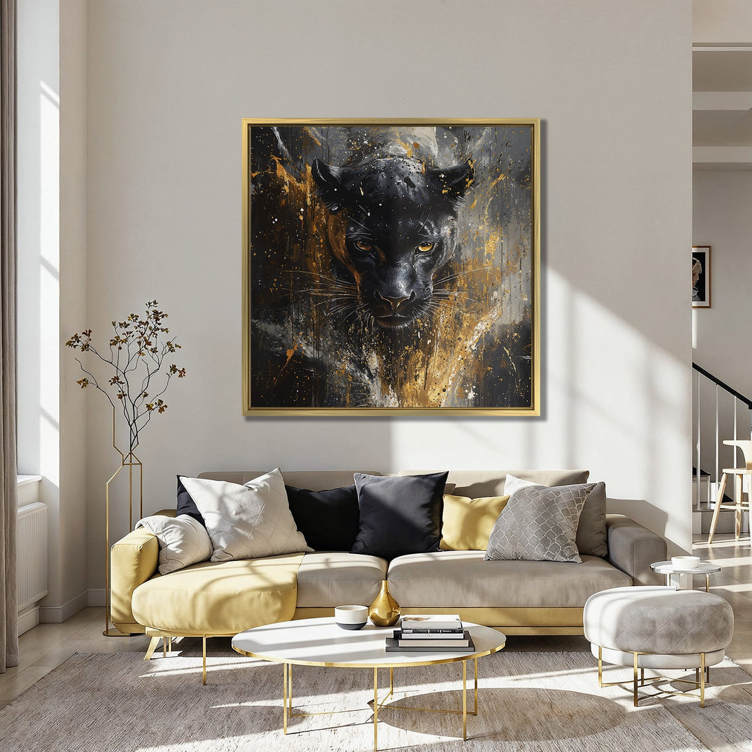 Canvas Print: Abstract black panther art in gold and gray tones. Modern wall decor for a stylish living room.