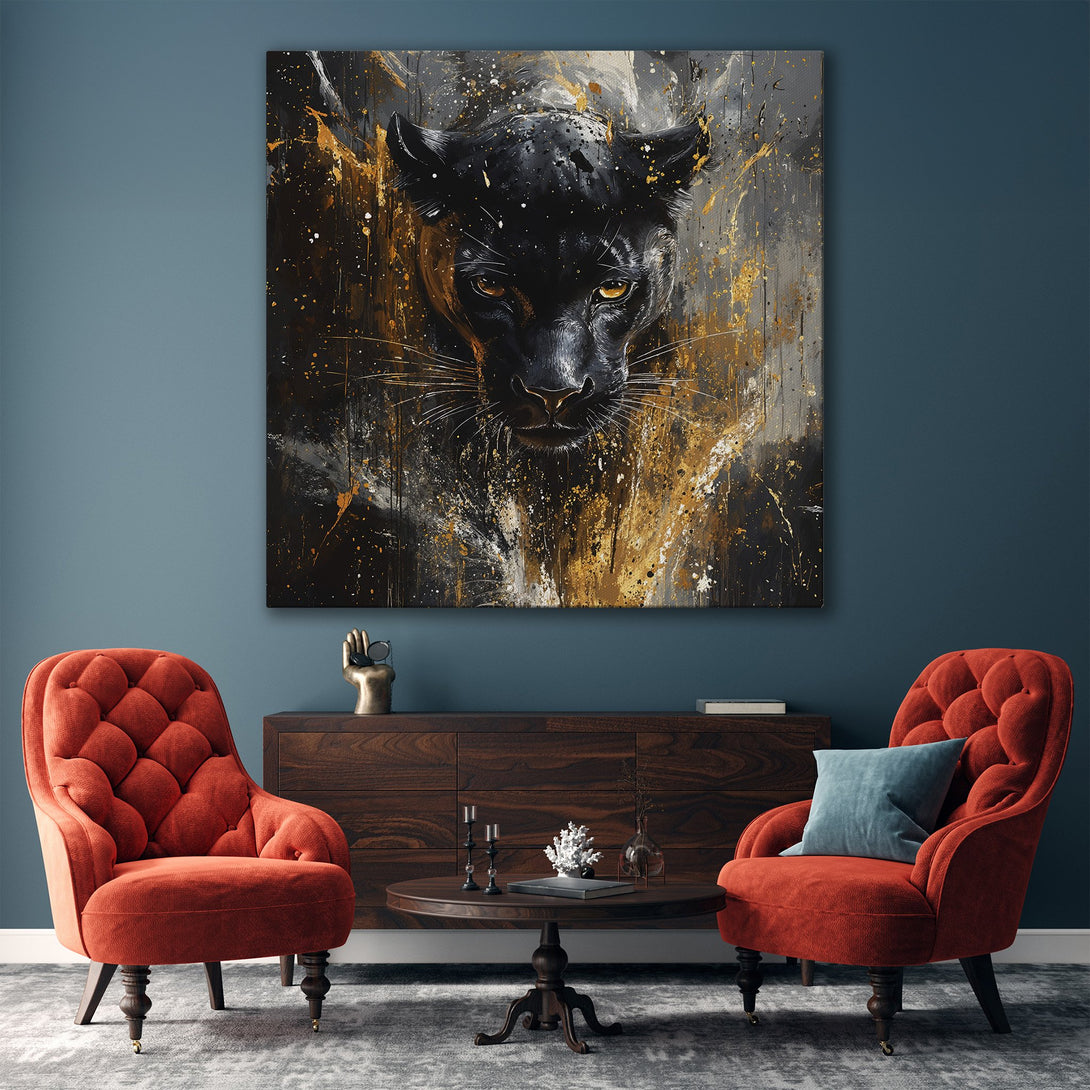 Framed Wall Art: Abstract black panther painting with gold accents, displayed in a modern living room. Stylish decor with a bold, luxurious color palette.