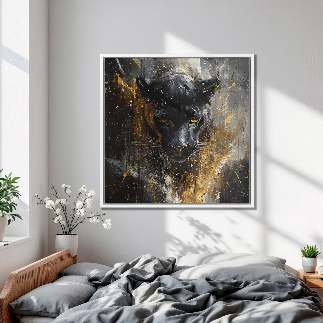 Framed Wall Art featuring a striking black panther. Abstract style with gold, gray, and black color palette. Perfect bedroom decor.