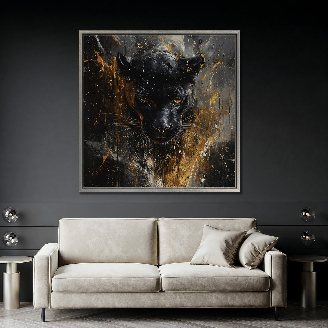 Framed Wall Art: Black panther portrait in abstract style with gold and gray accents. Modern canvas print for living room decor.