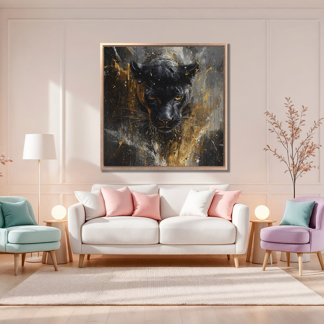 Framed Wall Art: Abstract black panther painting with gold accents. Modern art canvas print with a neutral color palette, perfect for home decor.