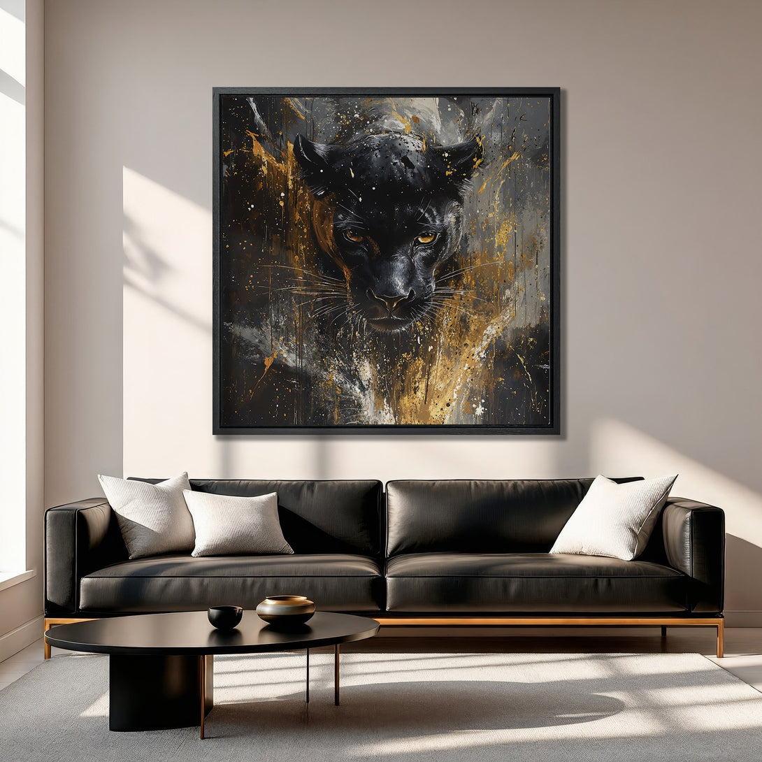 Framed Wall Art: Abstract black panther painting with gold accents. Modern canvas print in a luxurious living room setting, featuring a black and gold color palette.
