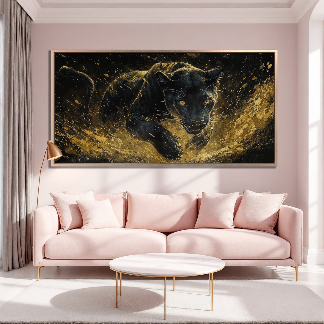 Framed Wall Art: Fierce black panther in gold abstract art, perfect for modern decor. Stunning black and gold canvas print, adds a touch of luxury.