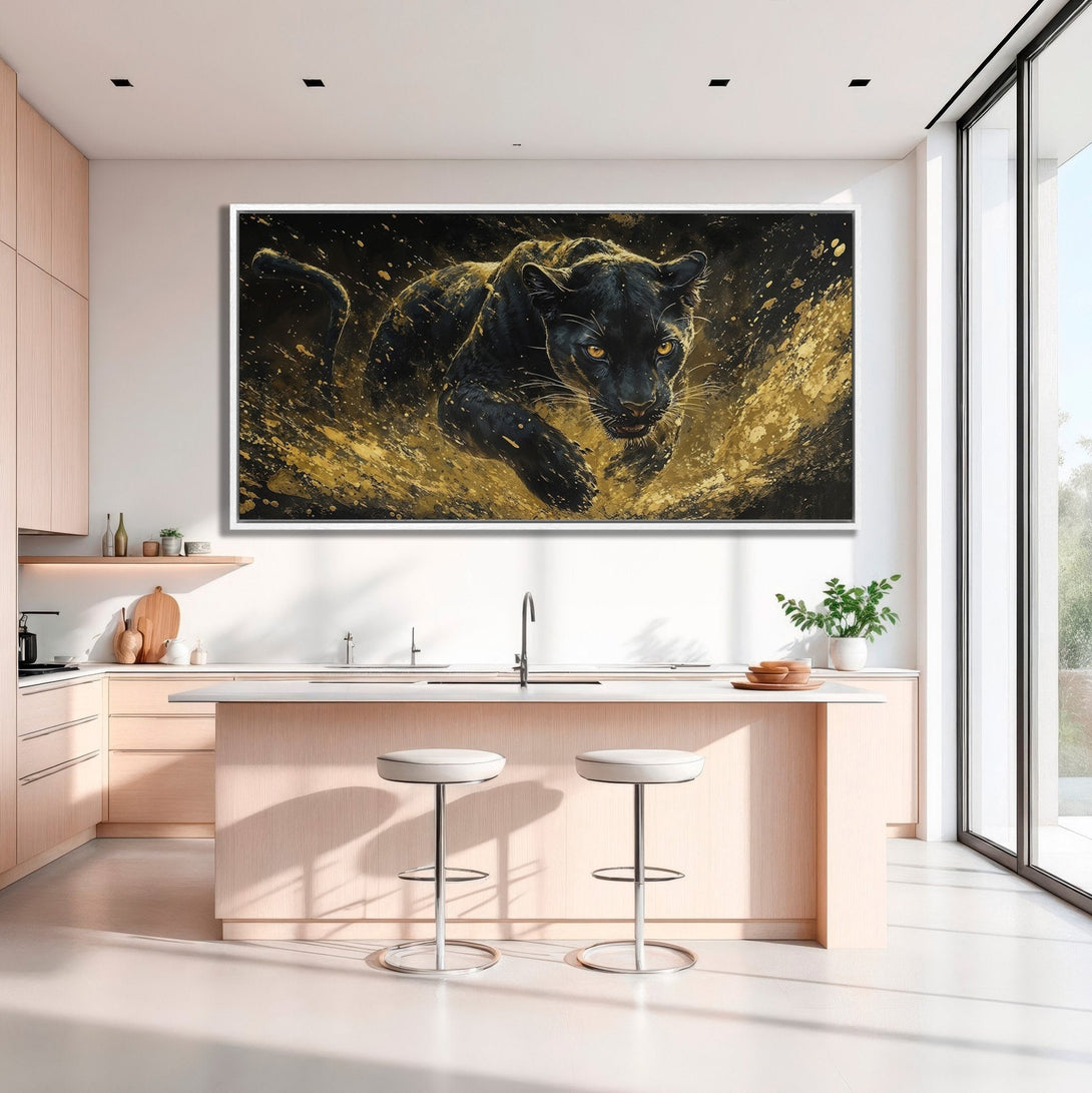 Framed Wall Art: Majestic black panther canvas print with gold accents, displayed in a modern kitchen. Dramatic animal art with a bold black and gold color palette.