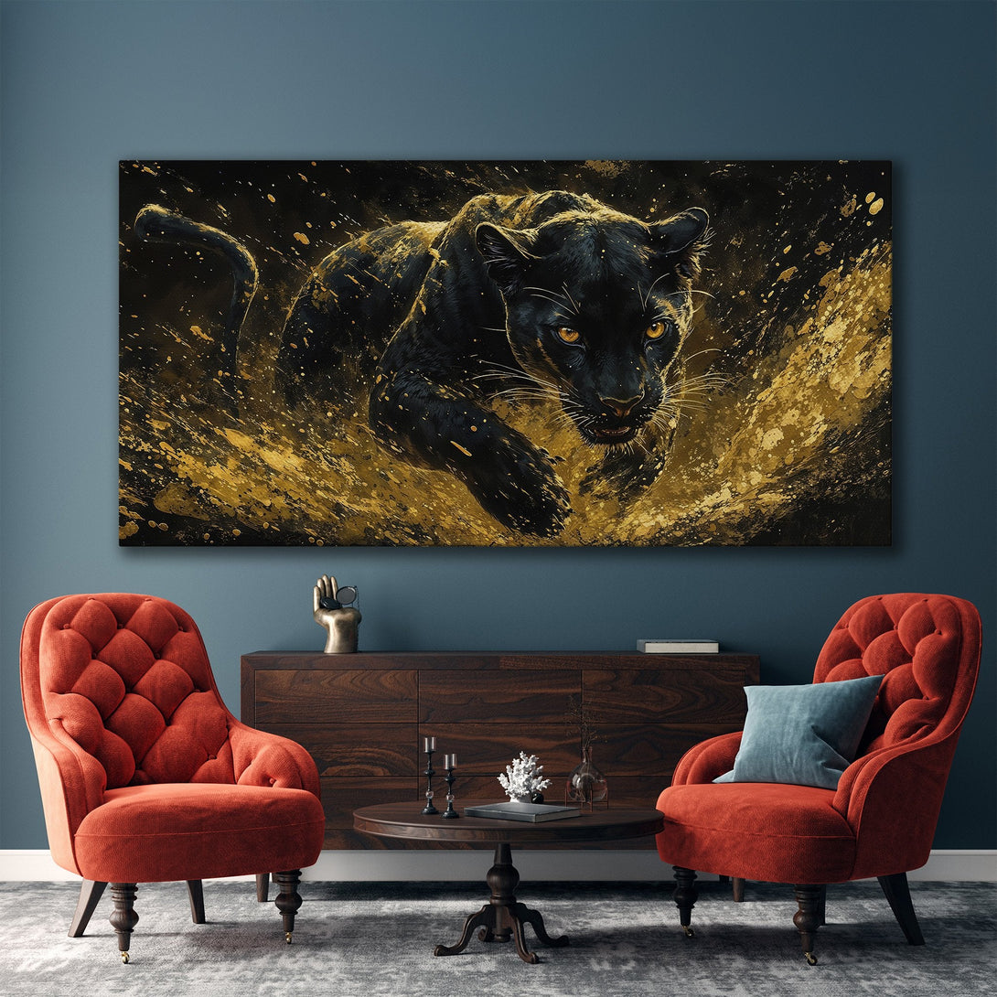 Framed Wall Art: Majestic black panther art with gold accents. Modern, luxurious canvas print perfect for living room decor. Black and gold color palette.